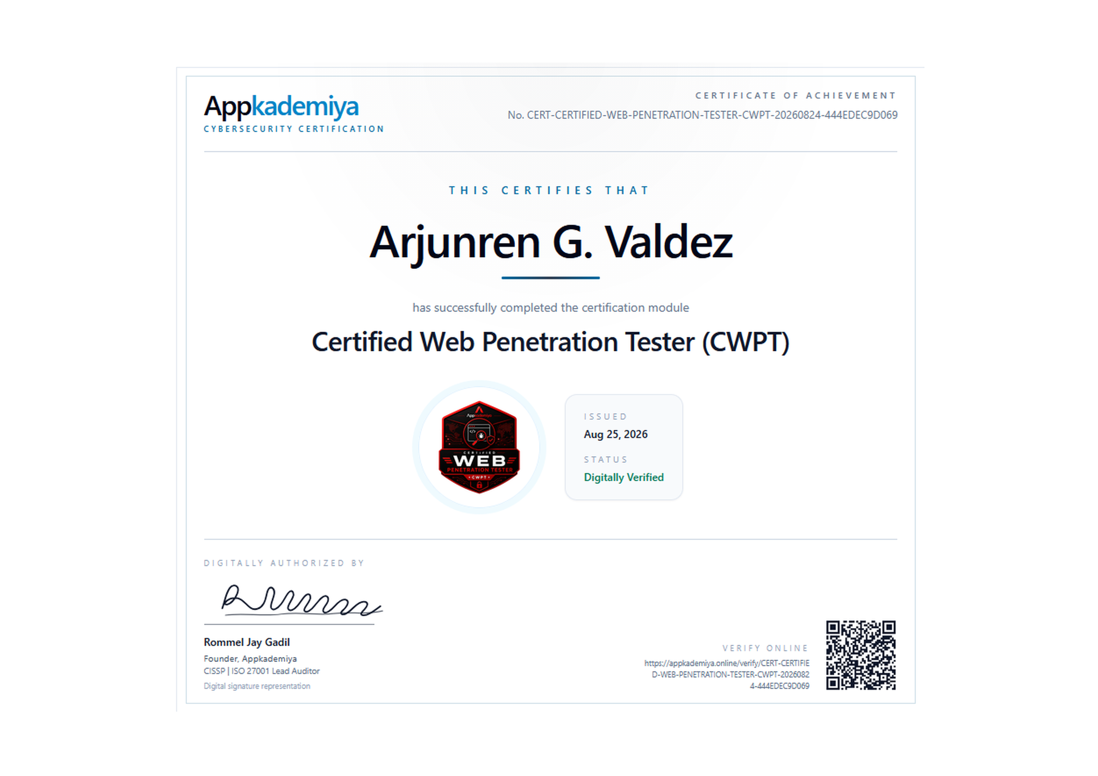 Certified Web Penetration Tester certificate