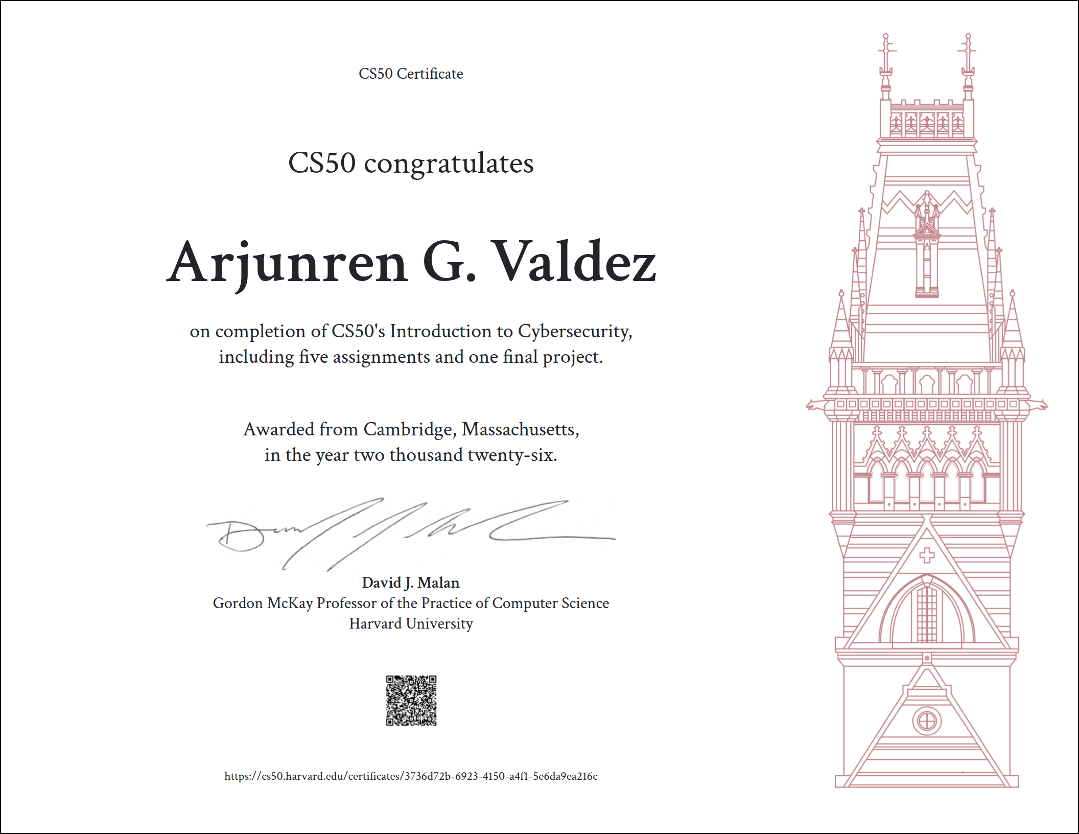CS50's Introduction to Cybersecurity certificate awarded to Arjunren Valdez